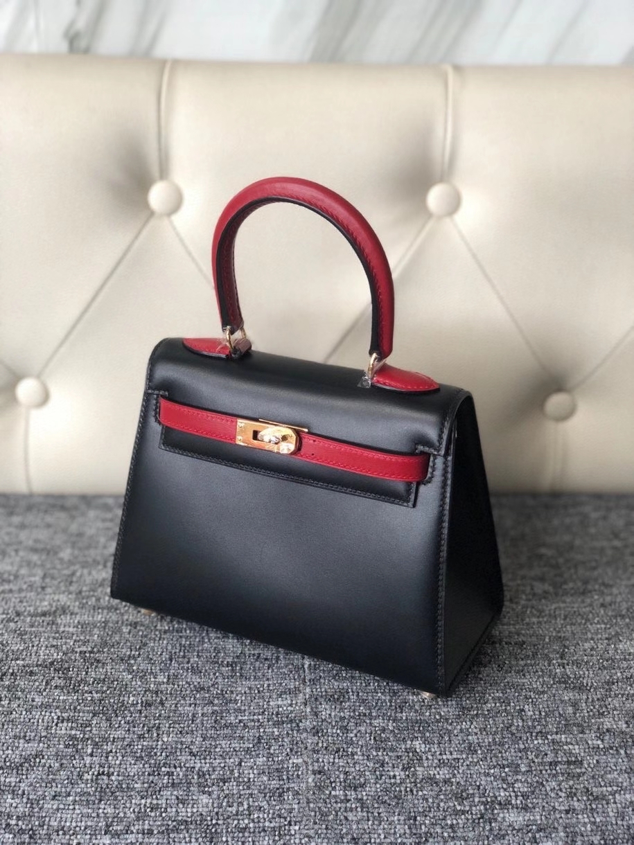 Hermès（爱马仕）Kelly 20cm Box calf ck89 黑色 拼国旗红 金扣