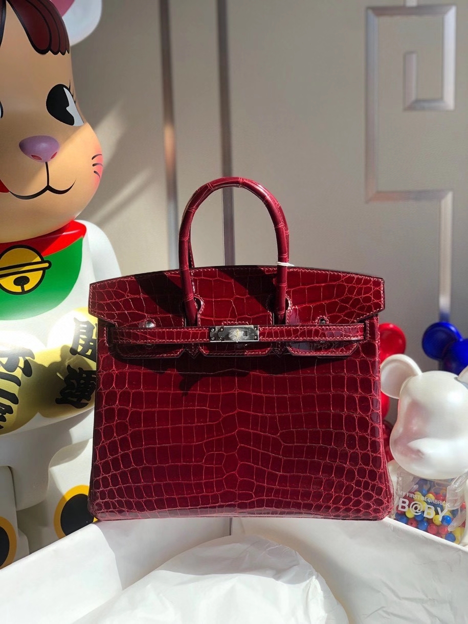 Hermès（爱马仕）Birkin 25cm Crocodile shiny 亮面鳄鱼  F5 勃艮第酒红 银扣  顶级手缝 品相完美 现货