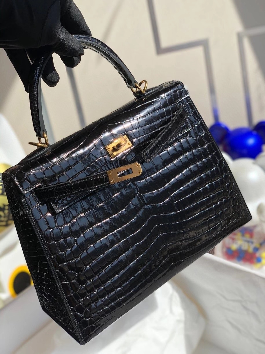 Hermès（爱马仕）Kelly 25cm Crocodile shiny 亮面鳄鱼 ck89 黑色 Noir  金扣 顶级手缝 拱珠现货