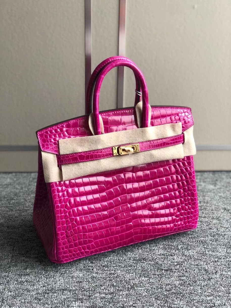 Hermès（爱马仕）Birkin 25cm Porosus shiny 亮面澳洲湾鳄 J5 天方夜谭粉紫  金扣 顶级手缝 现货