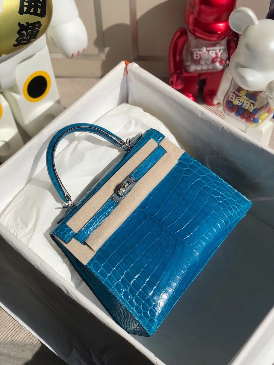 Hermès（爱马仕）Kelly 25cm Crocodile shiny 亮面鳄鱼 7w 伊兹密尔蓝 银扣 顶级手缝 现货