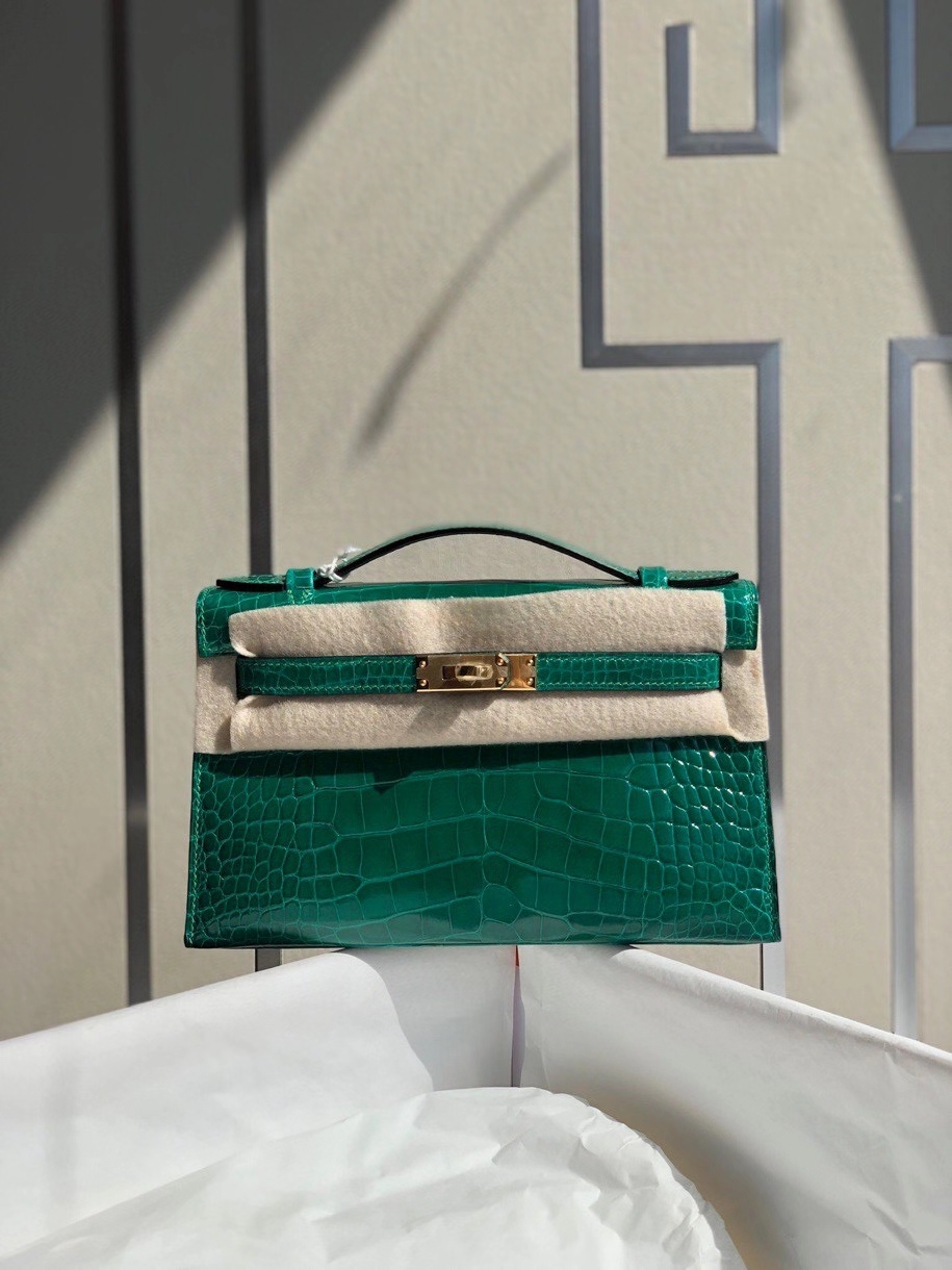 Hermès（爱马仕）Mini Kelly pochette 22cm Alligator shiny 亮面鳄鱼 6Ｑ 翡翠绿 金扣 银扣 顶级手缝 现货