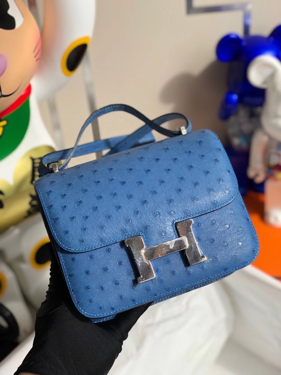 Hermès（爱马仕）Constance 18cm Ostrich kk 鸵鸟 玛瑙蓝 银扣 顶级手缝 现货