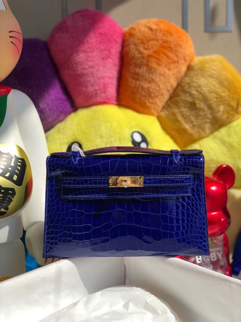 Hermès（爱马仕）Mini kelly pochette 22cm Alligator shiny 亮面鳄鱼 7T 电光蓝 金扣 顶级手缝 晚宴包 现货