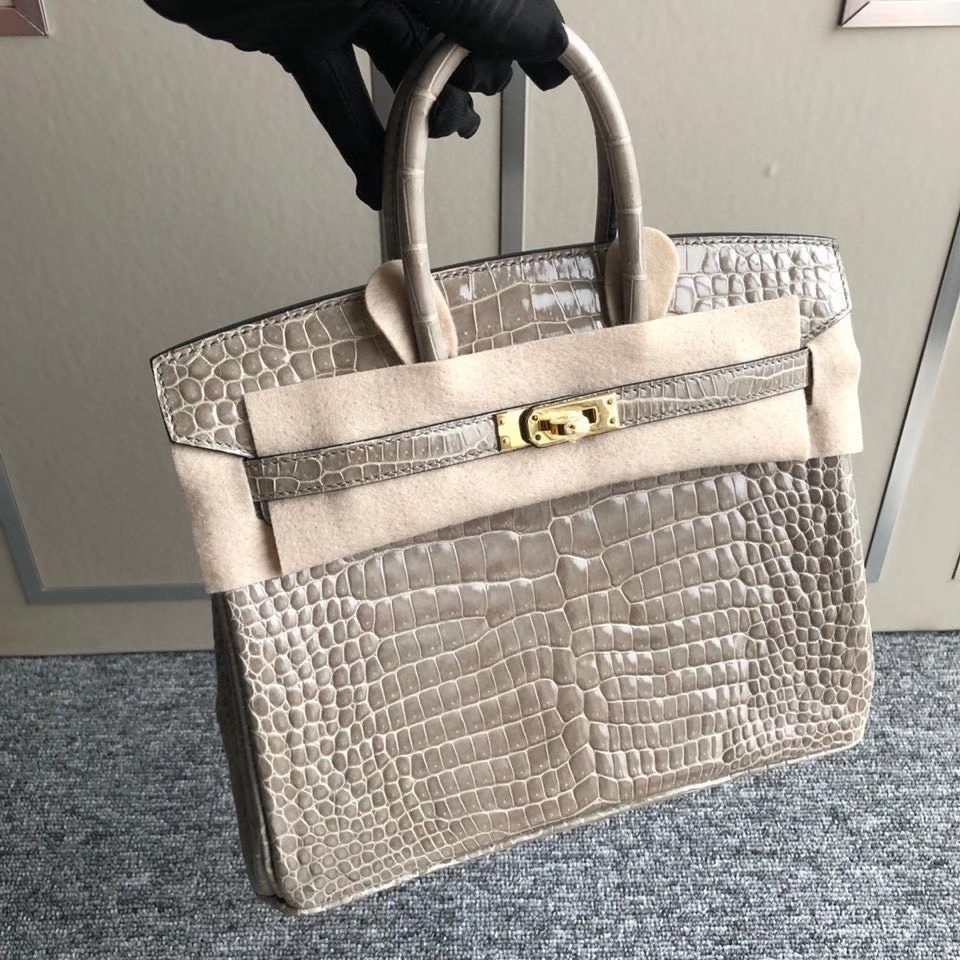 Hermès（爱马仕）Birkin 25cm Porosus shiny 亮面澳洲湾鳄 Ck81 斑鸠灰 Gris T 金扣 顶级手缝 现货