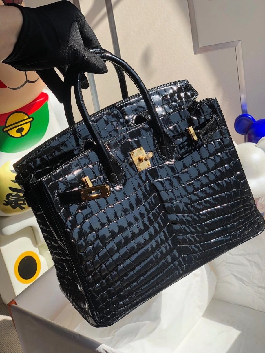 Hermès（爱马仕）Birkin 25cm Crocodile shiny 亮面鳄鱼 ck89 黑色 Noir  金扣 顶级手缝 品相完美 拱珠现货