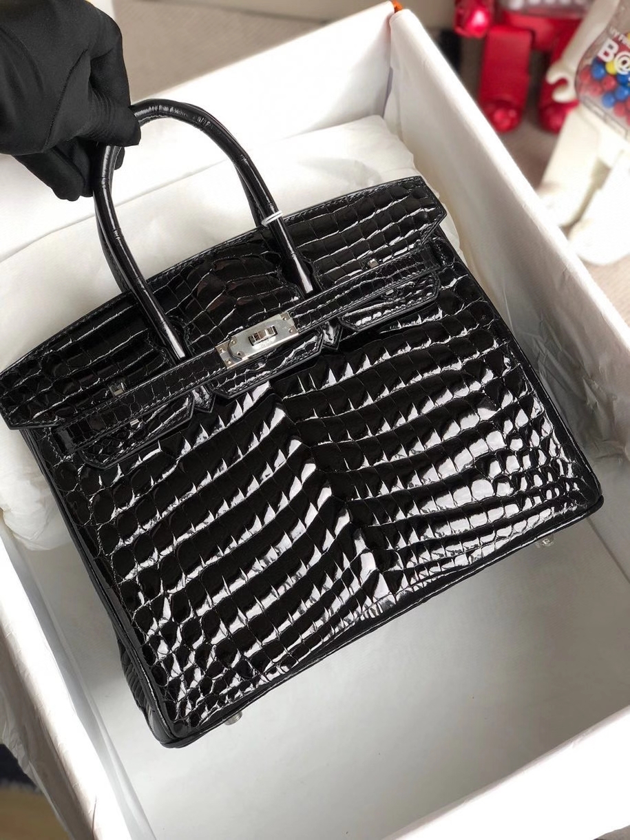 Hermès（爱马仕）Birkin 25cm Crocodile shiny 亮面鳄鱼 ck89 黑色 Noir 银扣 顶级手缝 拱珠皮 现货