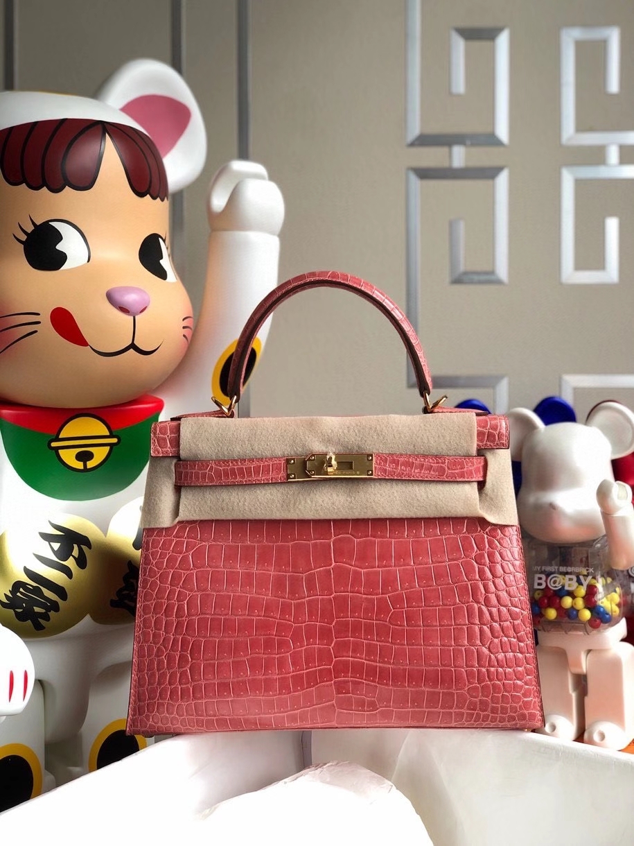Hermès（爱马仕）Kelly 28cm porosus shiny 亮面澳洲湾鳄 L5 龙虾粉 金扣 顶级手缝 现货