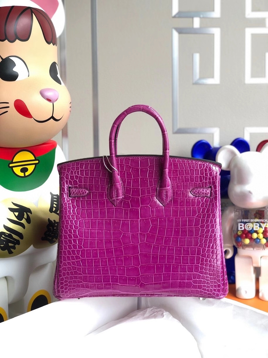 Hermès（爱马仕）Birkin 25cm Porosus shiny 亮面澳洲鳄鱼 L3玫瑰紫 rose purple 银扣 顶级手缝 现货