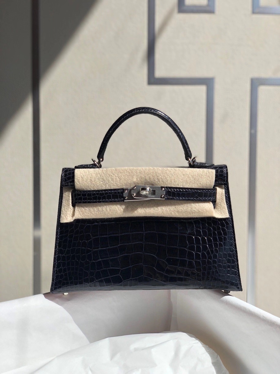 Hermès（爱马仕）Mini kelly ll alligator shiny 亮面鳄鱼 深海蓝 银扣 顶级手缝 小可爱 现货