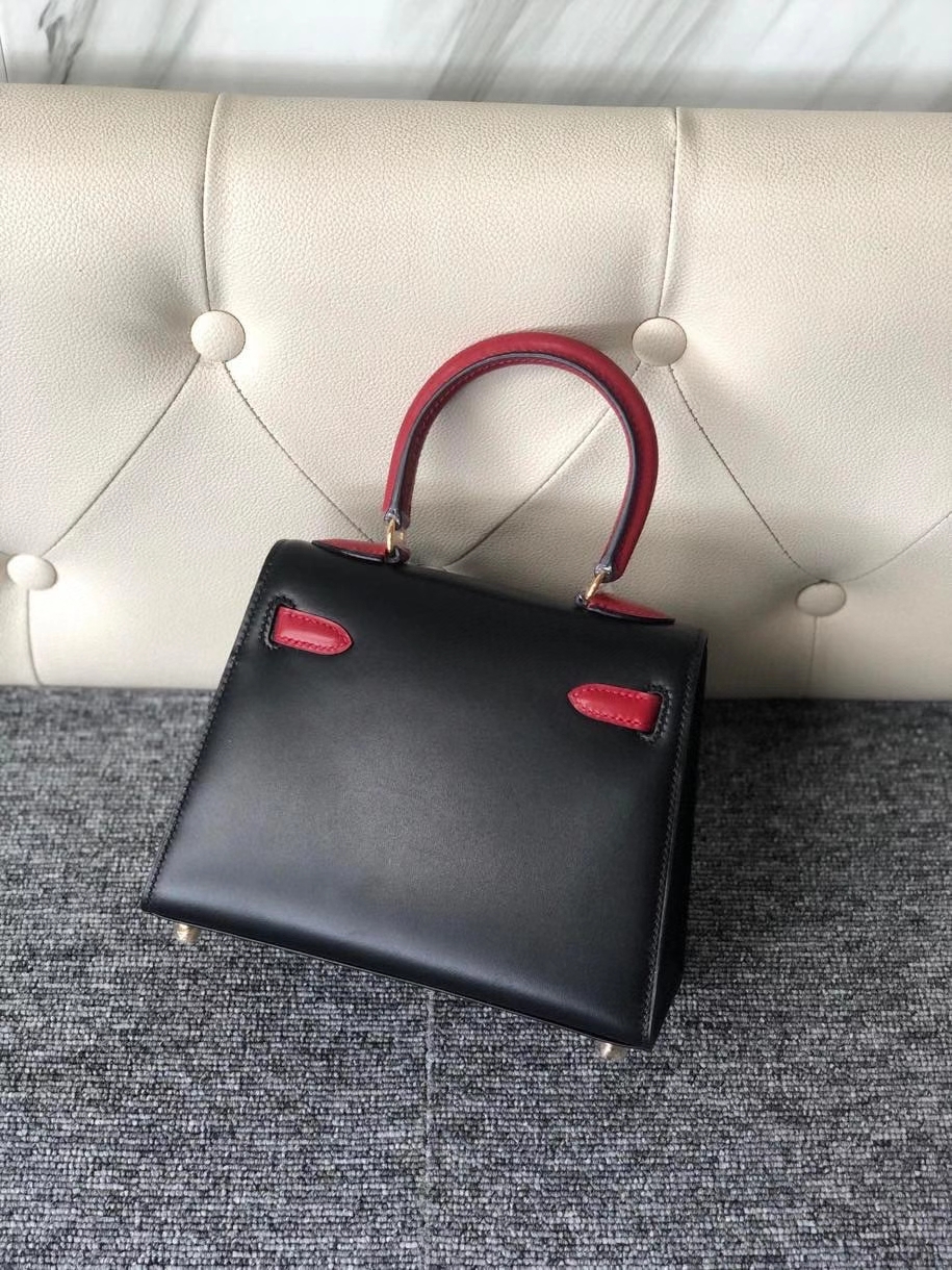 Hermès（爱马仕）Kelly 20cm Box calf ck89 黑色 拼国旗红 金扣