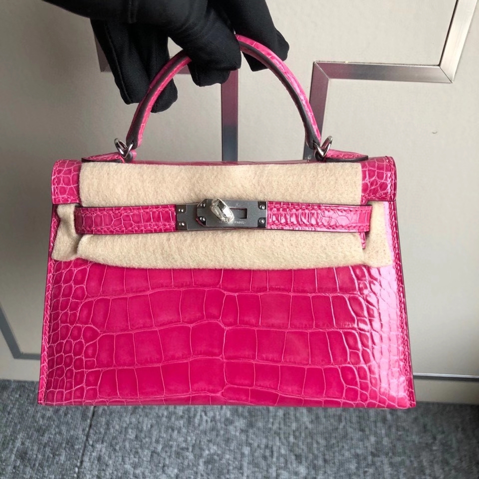 Hermès（爱马仕）Mini kelly ll Alligator shiny 亮面鳄鱼 5J 桃粉 银扣 顶级手缝 现货