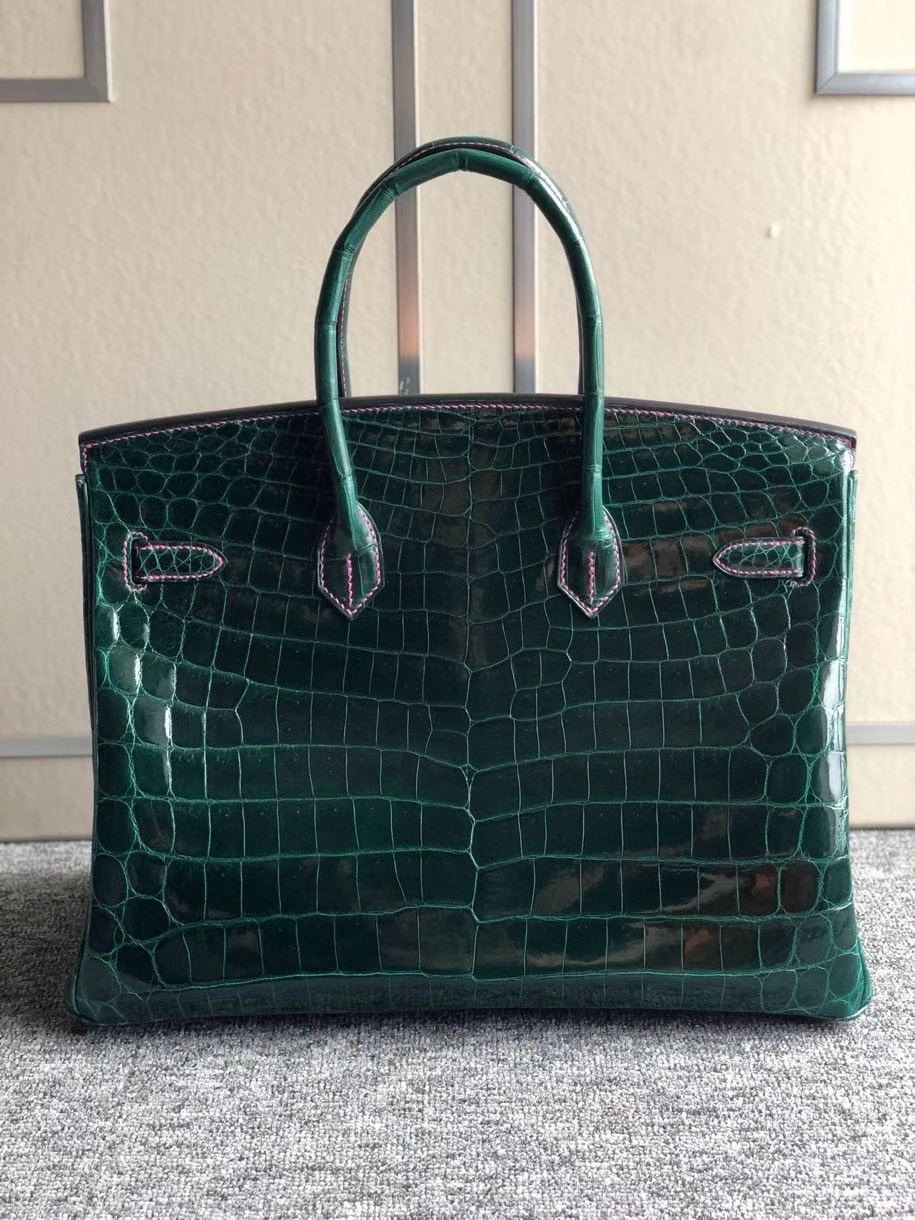 Hermès（爱马仕）Birkin 35cm Crocodile shiny 亮面鳄鱼 ck67 祖母绿 金扣 天方夜谭粉紫色线 顶级手缝 现货