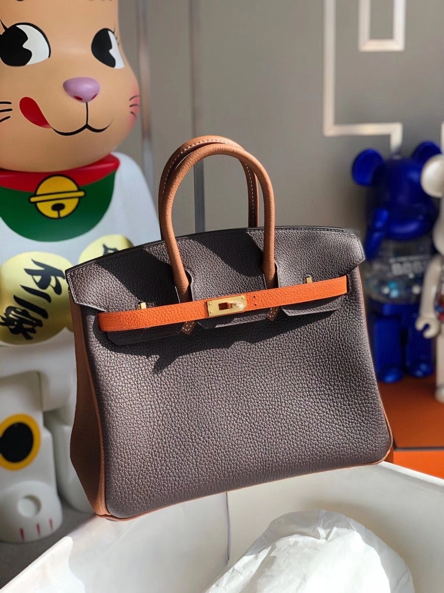 Hermès（爱马仕）Birkin 25cm togo 原厂小牛皮  巧克力色拼橙色拼金棕 金扣 马蹄印 顶级手缝