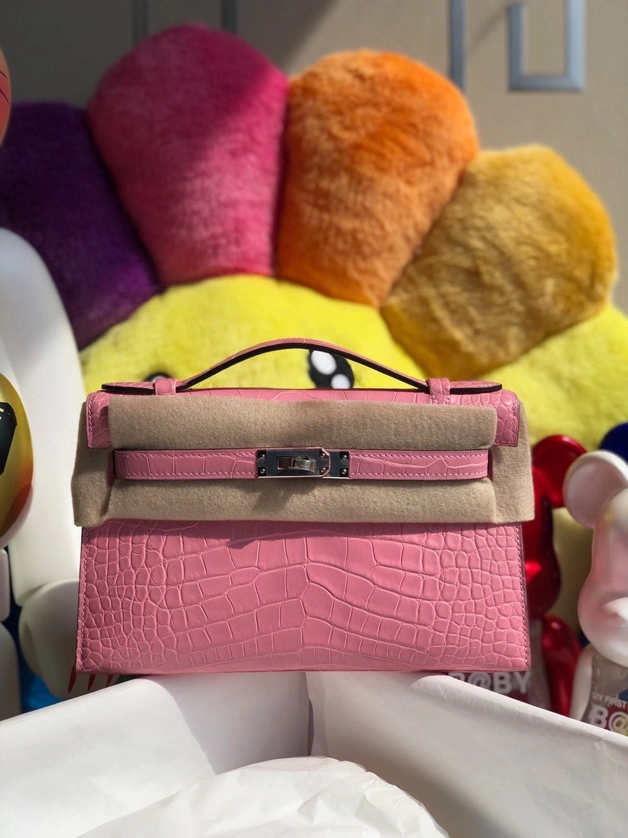 Hermès（爱马仕）Mini kelly pochette 22cm Alligator shiny 亮面鳄鱼 樱花粉 银扣 晚宴包 顶级手缝 现货