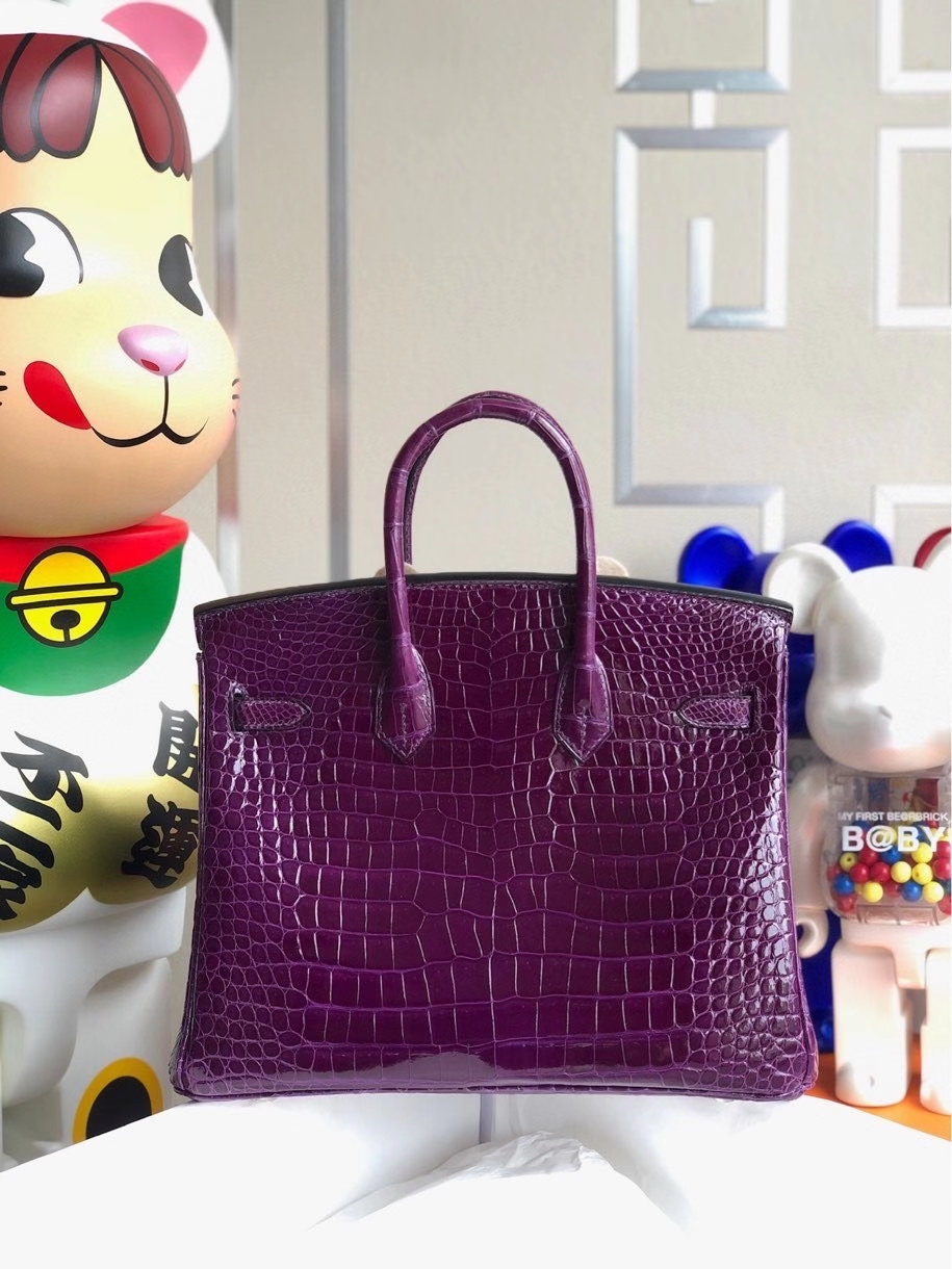 Hermès（爱马仕）Birkin 25cm Porosus shiny 亮面澳洲鳄鱼 9G紫水晶 银扣 顶级手缝 现货