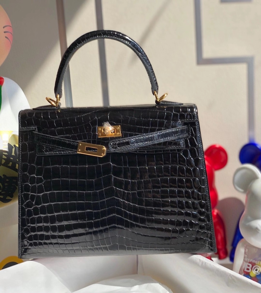 Hermès（爱马仕）Kelly 25cm Crocodile shiny 亮面鳄鱼 ck89 黑色 Noir  金扣 顶级手缝 拱珠现货