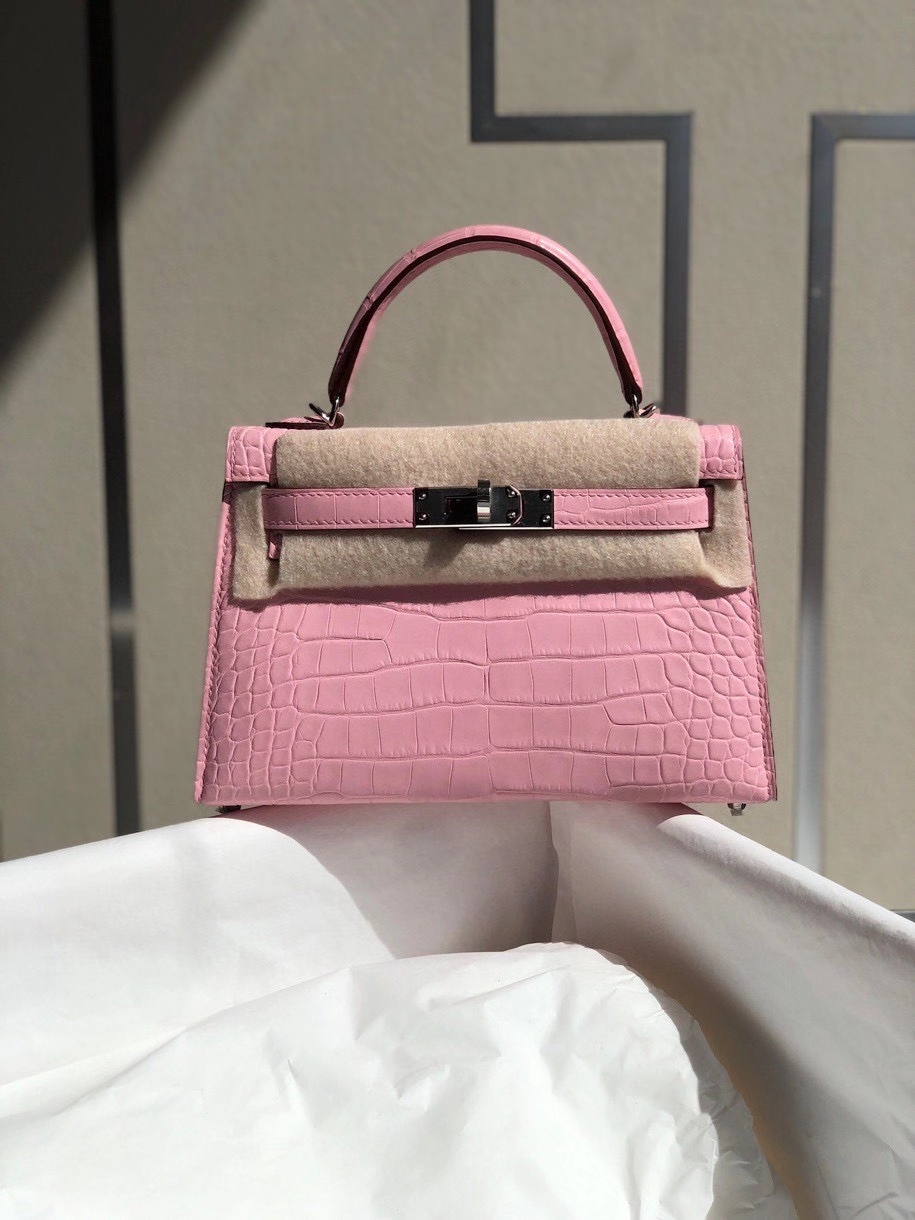 Hermès（爱马仕）Mini kelly ll alligator matt 雾面鳄鱼 5p 樱花粉 银扣 顶级手缝 小可爱 现货