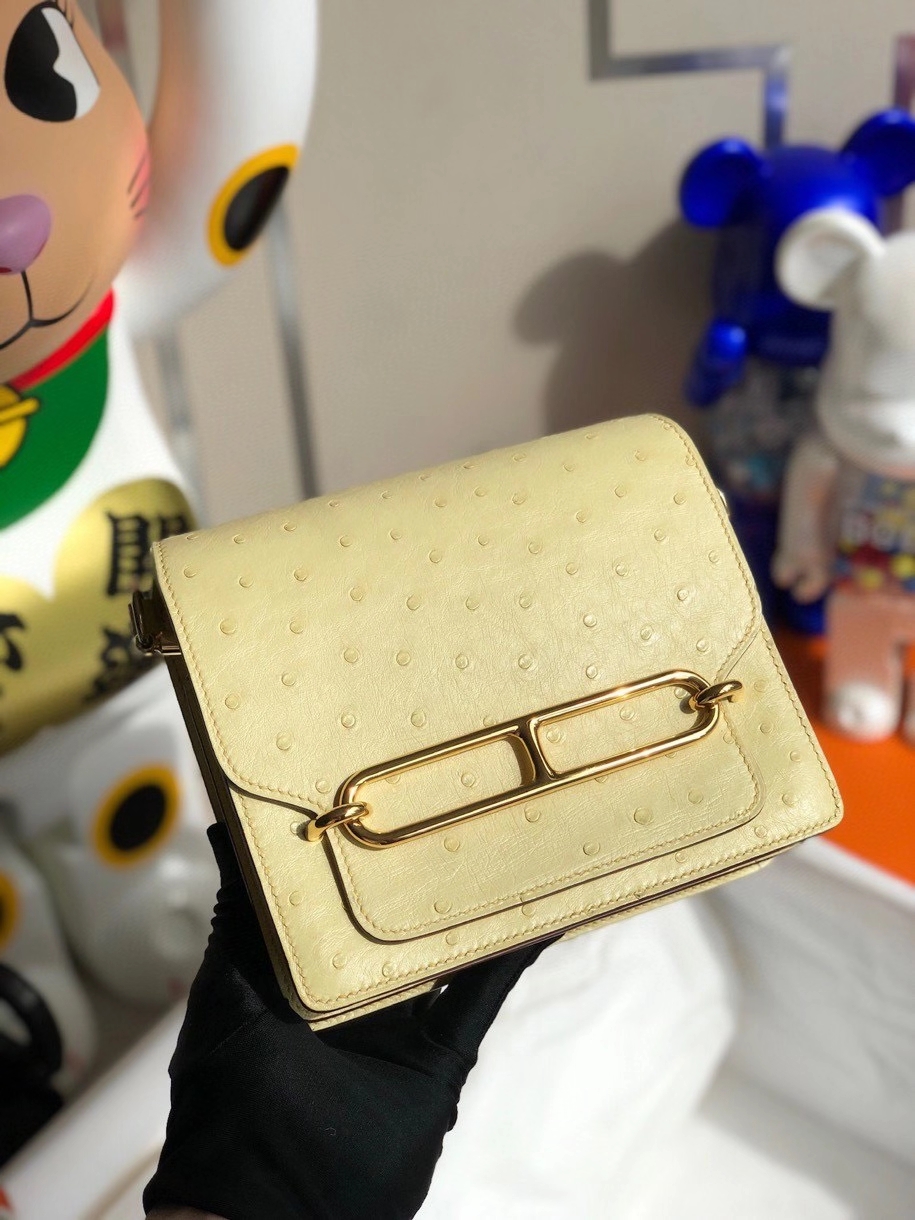 Hermès(爱马仕)Roulis 18cm Ostrich kk鸵鸟 1Z小鸡黄 金扣 顶级手缝 现货-拉尔森鳄鱼皮具定制 - 爱马仕包包官网 Hermès(爱马仕)Roulis 18cm Ostrich kk鸵鸟 1Z小鸡黄 金扣 顶级手缝 现货