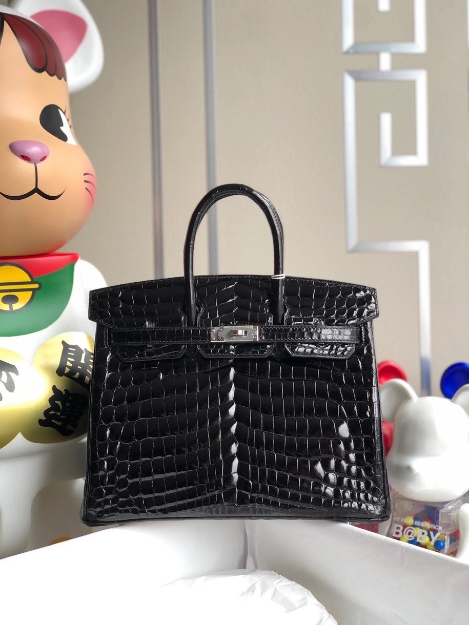 Hermès（爱马仕）Birkin 25cm Crocodile shiny 亮面鳄鱼 ck89 黑色 Noir 银扣 顶级手缝 拱珠皮 现货