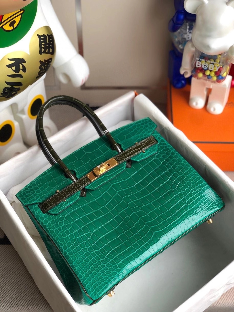 Hermès（爱马仕）Birkin 30cm Porosus shiny 亮面澳洲湾鳄 6Q翡翠绿 拼 v6 橄榄绿 金扣 马蹄印 顶级手缝 现货