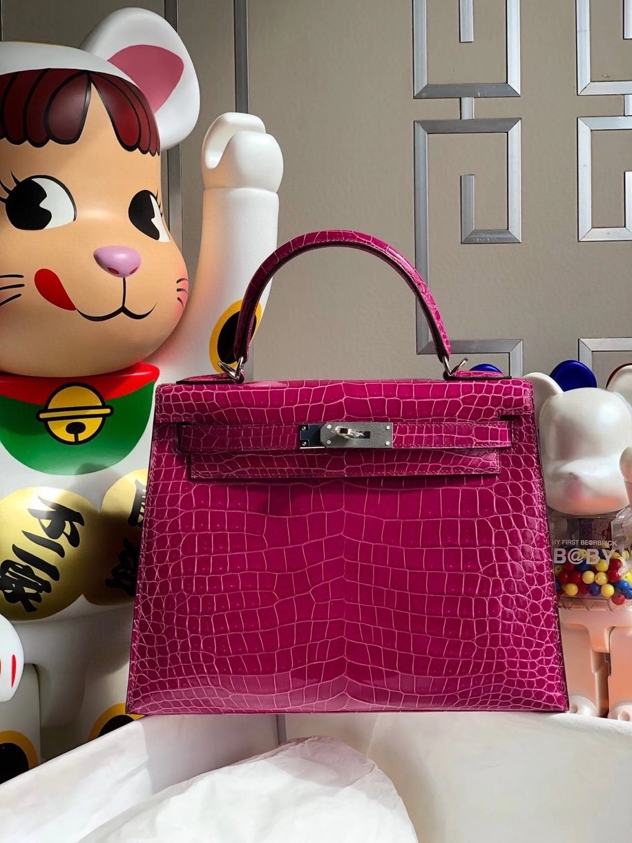Hermès（爱马仕）Kelly 28cm porosus shiny 亮面澳洲湾鳄 J5 天方夜谭粉紫  银扣 顶级手缝 现货