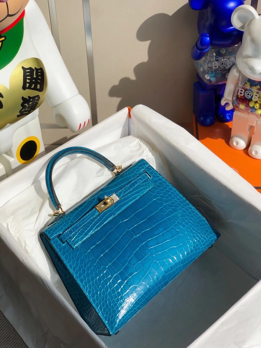 Hermès（爱马仕）Kelly 25cm Porosus shiny 亮面澳洲湾鳄 7Ｑ希腊蓝 Mykonos 金扣 顶级手缝 现货