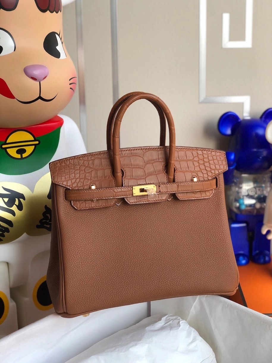 Hermès（爱马仕）Touch系列 Birkin 25cm 金棕色拼雾面棕色鳄鱼 金扣 顶级手缝 定制