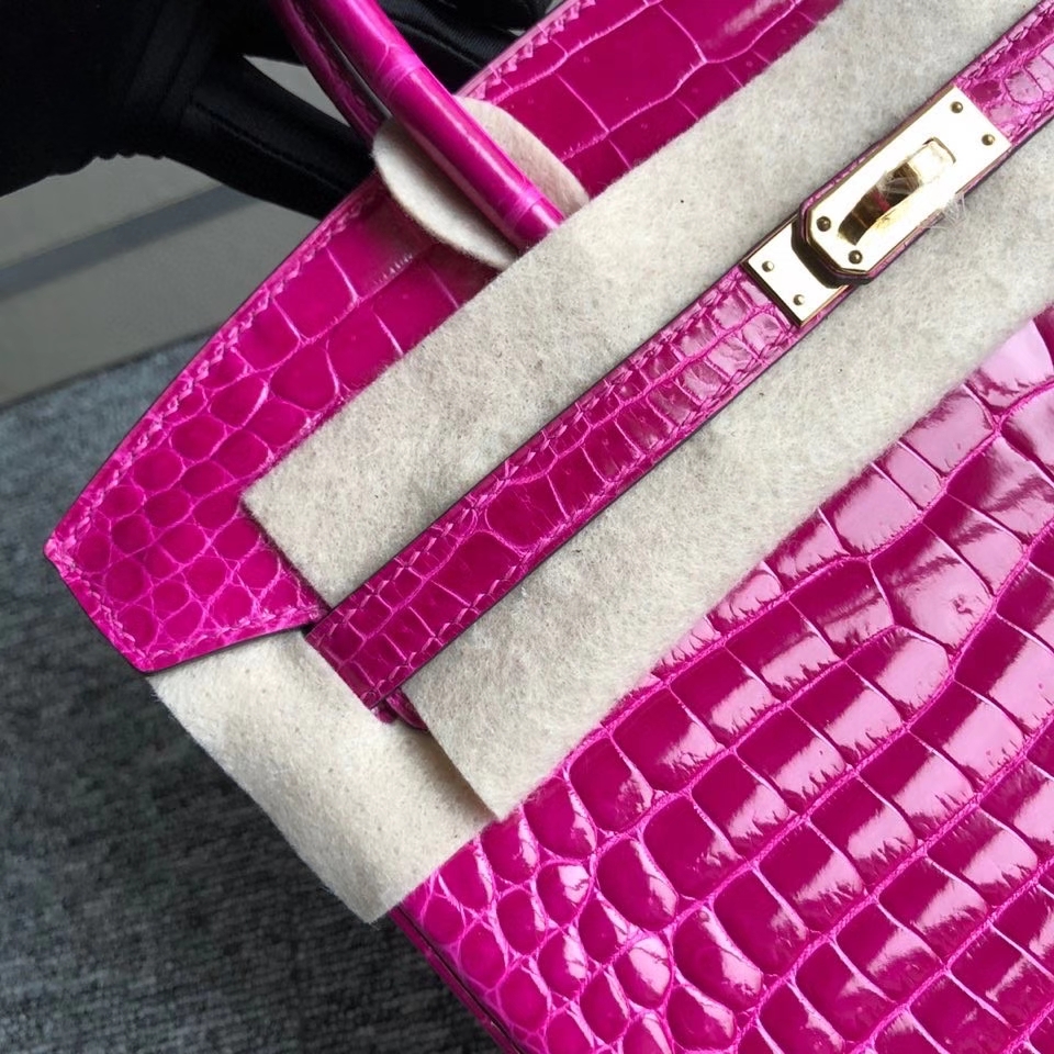 Hermès（爱马仕）Birkin 25cm Porosus shiny 亮面澳洲湾鳄 J5 天方夜谭粉紫  金扣 顶级手缝 现货
