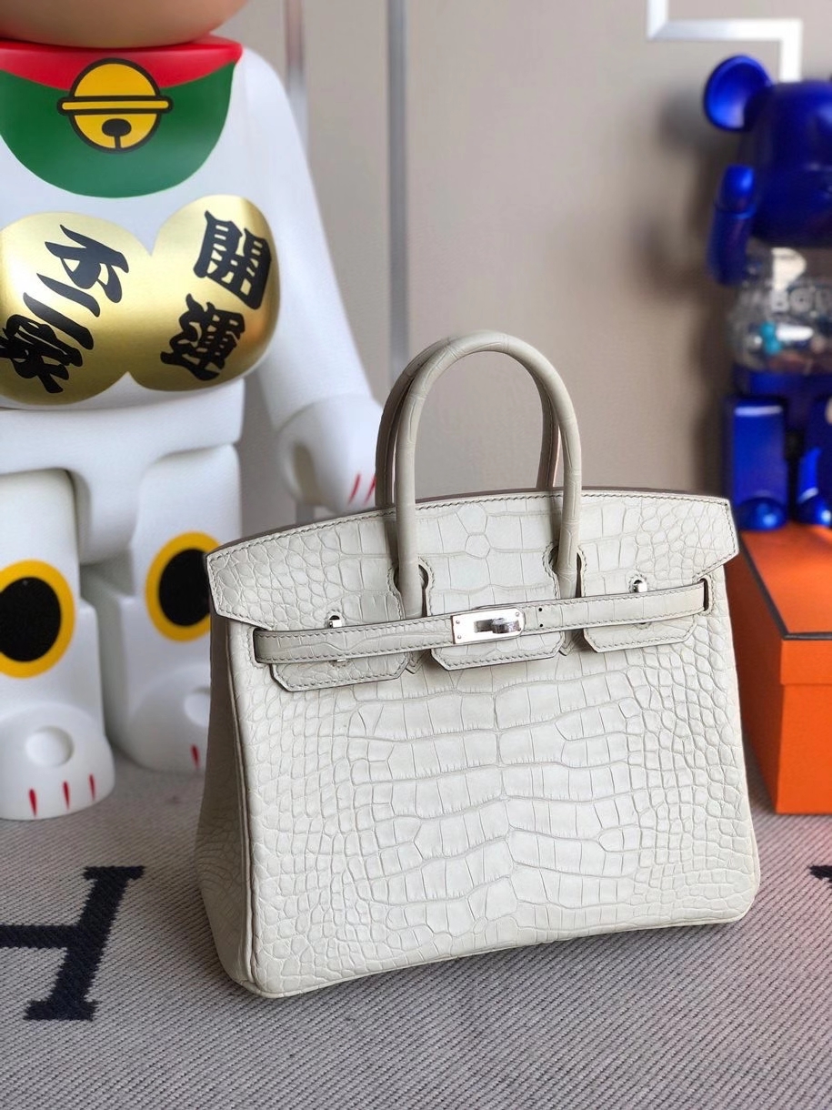 Hermès（爱马仕）Birkin 25cm Alligator matt雾面鳄鱼 8L 奶油白Beton 银扣 顶级手缝 现货