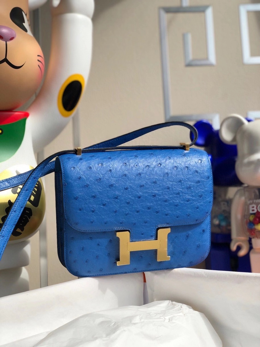 Hermès（爱马仕）Constance 18cm Ostrich kk 鸵鸟 7Ｑ 希腊蓝 金扣 顶级手缝 现货