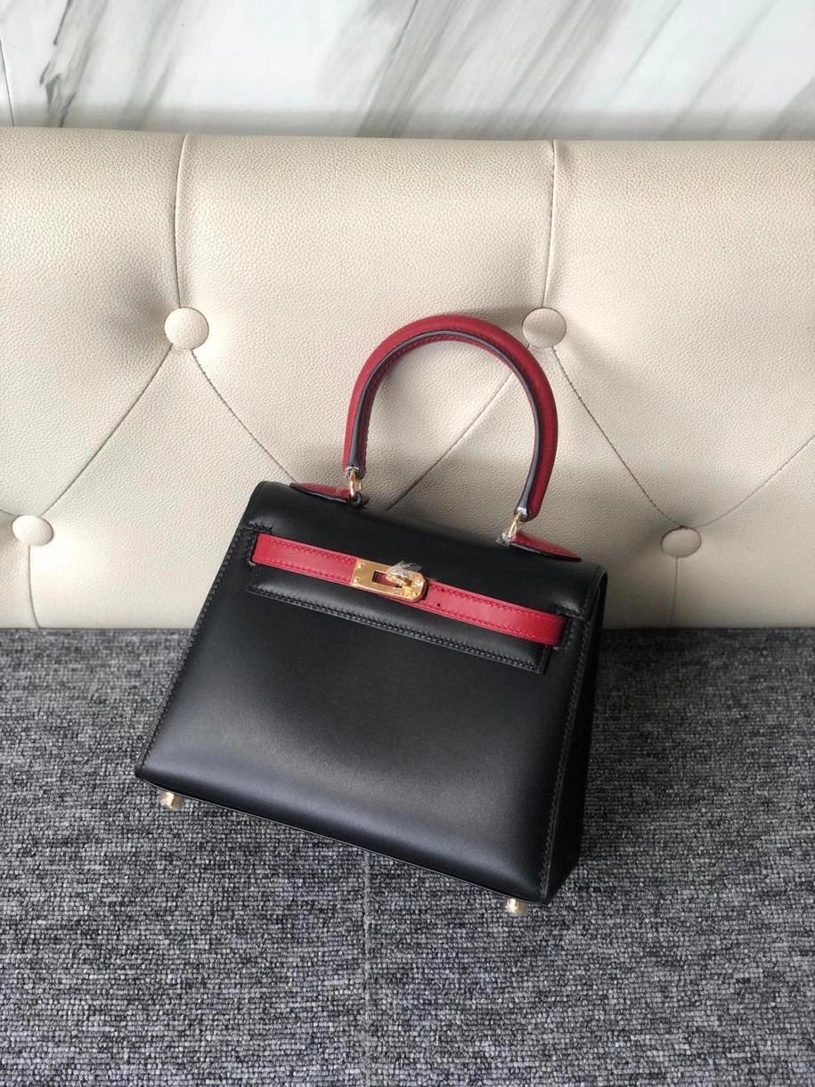 Hermès（爱马仕）Kelly 20cm Box calf ck89 黑色 拼国旗红 金扣