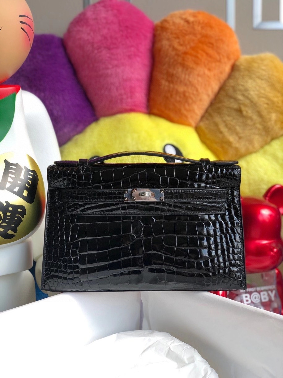 Hermès（爱马仕）Mini kelly pochette 22cm Alligator shiny 亮面鳄鱼 ck89 黑色 Noir 银扣 顶级手缝 晚宴包 现货