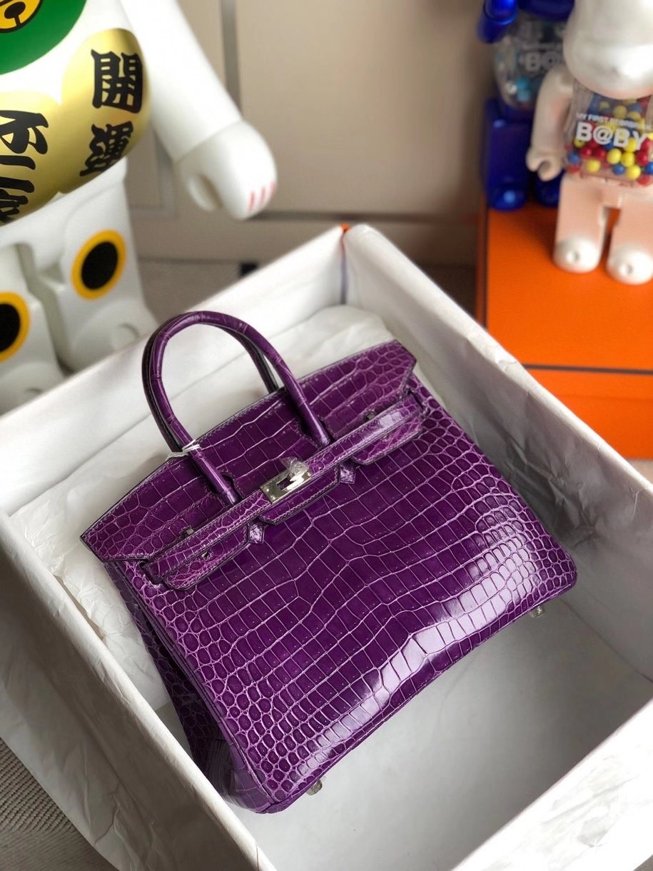 Hermès（爱马仕）Birkin 25cm Porosus shiny 亮面澳洲鳄鱼 葡萄紫 银扣 顶级手缝 现货