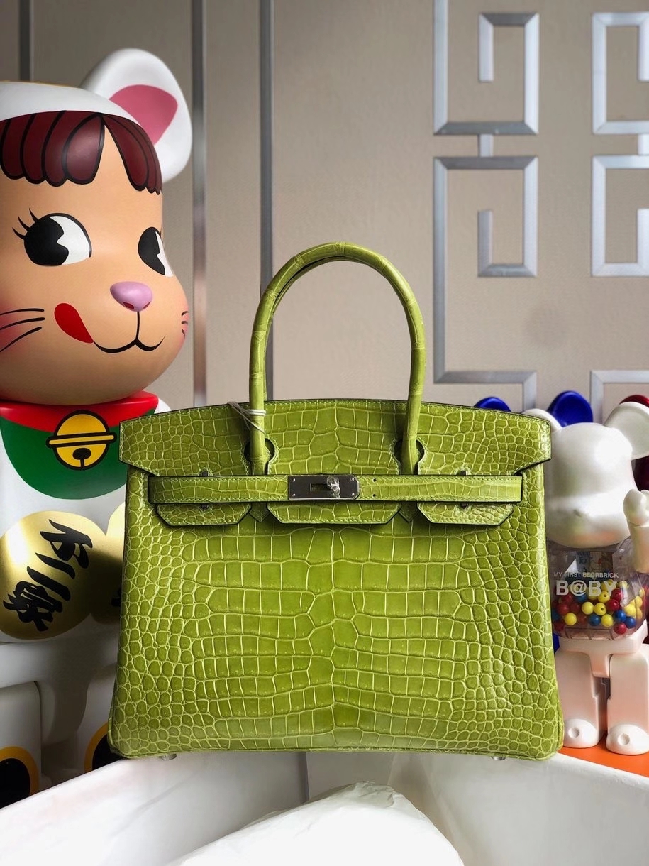 Hermès（爱马仕）Birkin 30cm Porosus shiny 亮面澳洲湾鳄 奇异果绿kiwi 银扣 顶级手缝 品相完美 现货