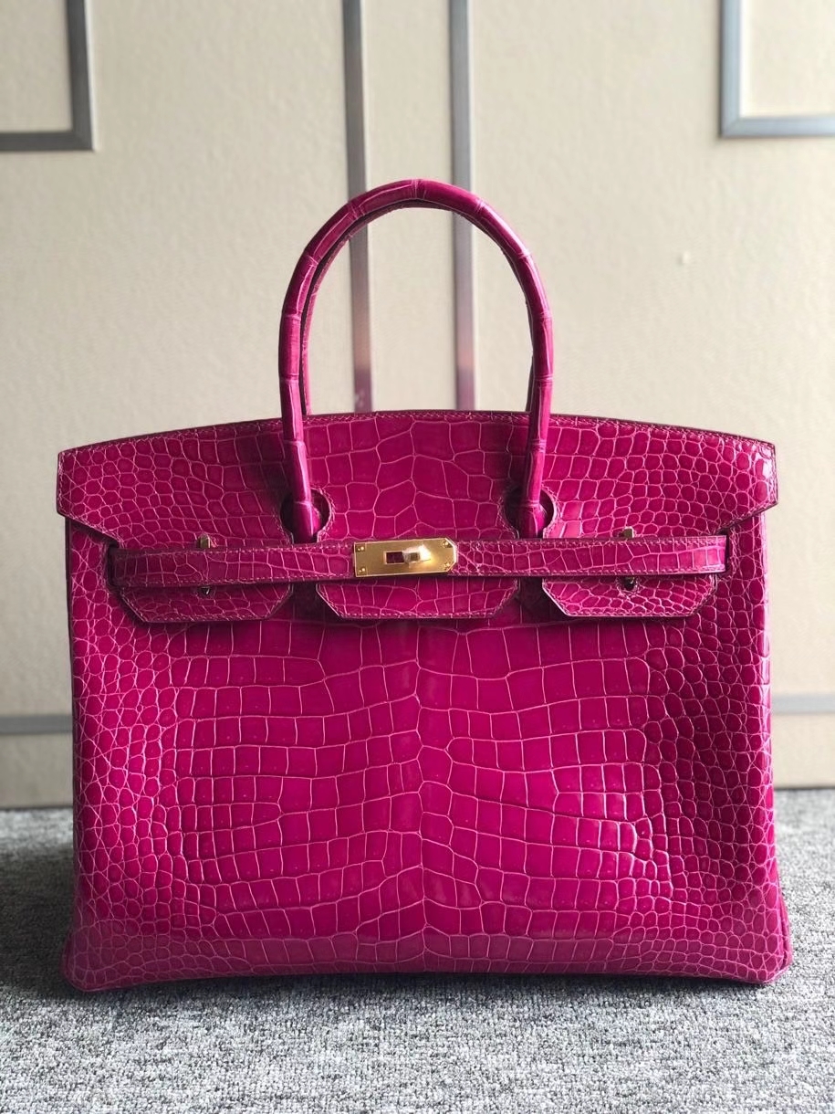 Hermès（爱马仕）Birkin 35cm Porosus shiny 亮面澳洲湾鳄 J5 天方夜谭粉紫 金扣 顶级手缝 品相超美 现货