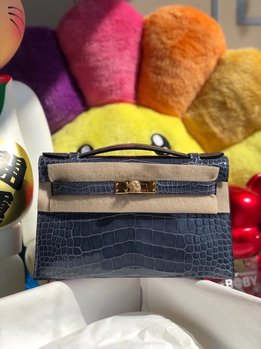 Hermès（爱马仕）Mini kelly pochette 22cm Alligator shiny 亮面鳄鱼 N7 风暴蓝 金扣 晚宴包 顶级手缝 现货