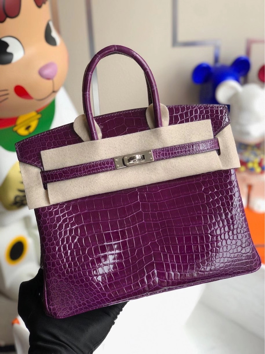 Hermès（爱马仕）Birkin 25cm Porosus shiny 亮面澳洲鳄鱼 9G紫水晶 银扣 顶级手缝 现货
