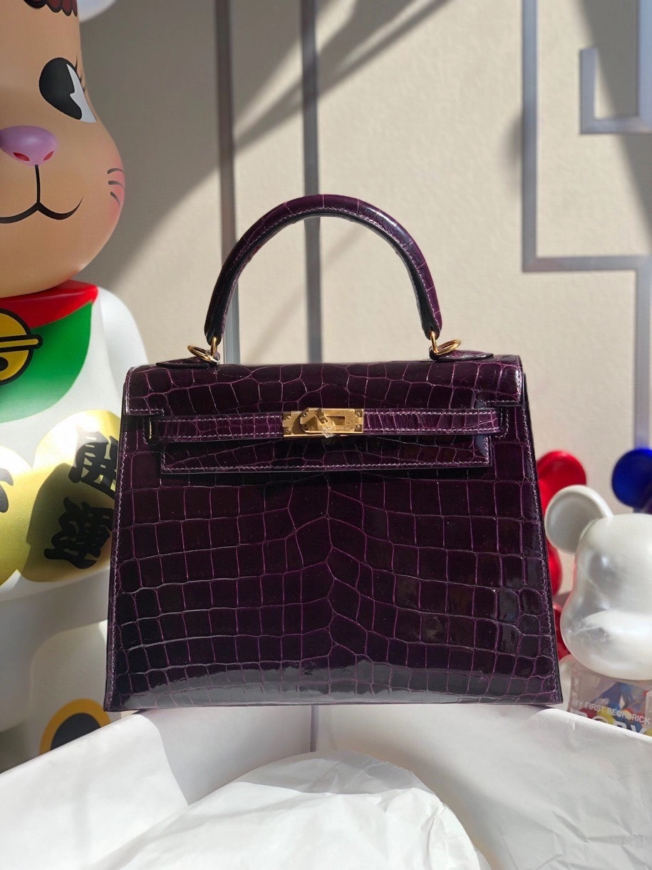 Hermès（爱马仕）Kelly 25cm Crocodile shiny 亮面鳄鱼 9G葡萄紫 金扣 顶级手缝 现货