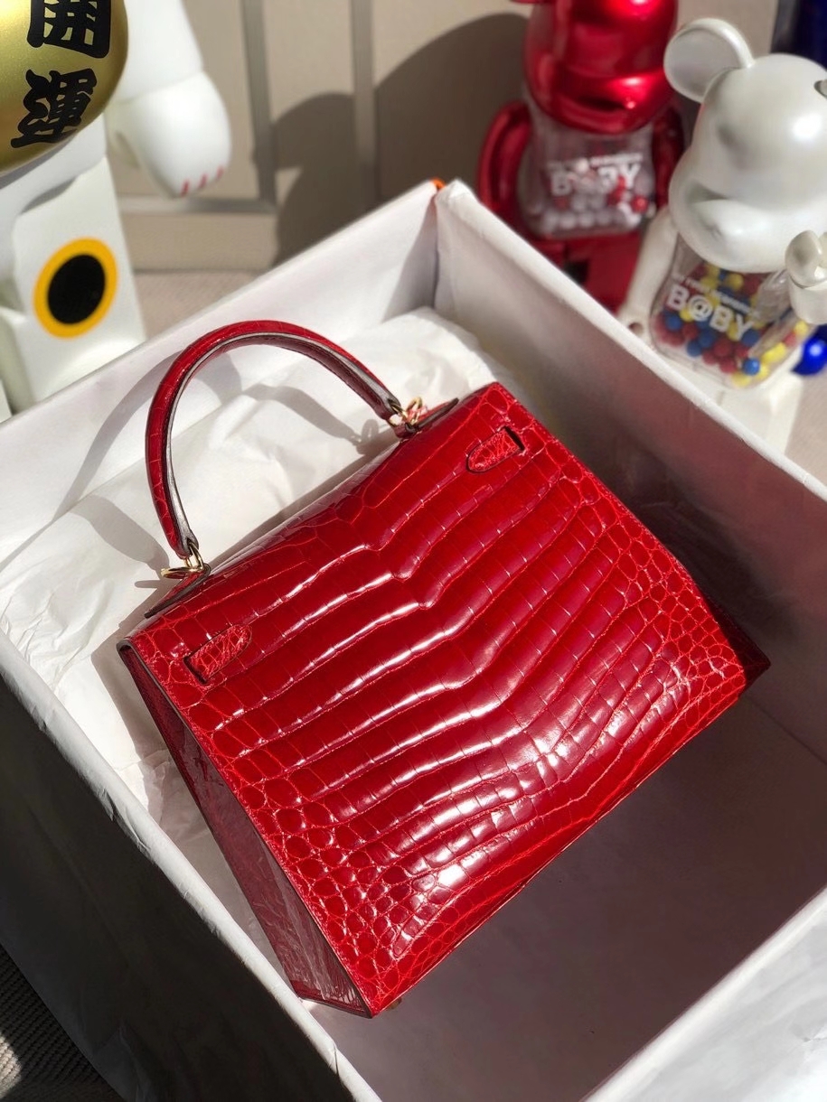 Hermès（爱马仕）Kelly 25cm Crocodile shiny 亮面鳄鱼  ck95 法拉利红 金扣 顶级手缝 现货