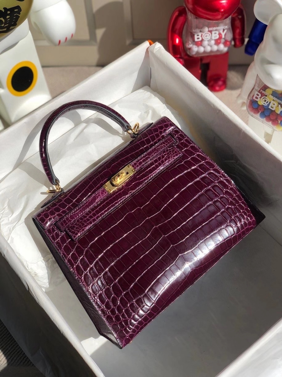 Hermès（爱马仕）Kelly 25cm Crocodile shiny 亮面鳄鱼 N5 加仑紫 金扣 顶级手缝 现货