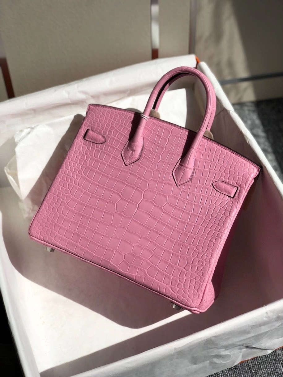 Hermès（爱马仕）Birkin 25cm Porosus matt 雾面澳洲湾鳄  5p 樱花粉 银扣 顶级手缝 品相完美 现货