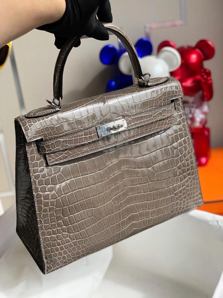 Hermès(爱马仕)Kelly 25cm Alligator shiny 亮面鳄鱼 ck81 斑鸠灰 银扣 顶级手缝 现货-拉尔森鳄鱼皮具定制 - 爱马仕包包官网 Hermès(爱马仕)Kelly 25cm Alligator shiny 亮面鳄鱼 ck81 斑鸠灰 银扣 顶级手缝 现货
