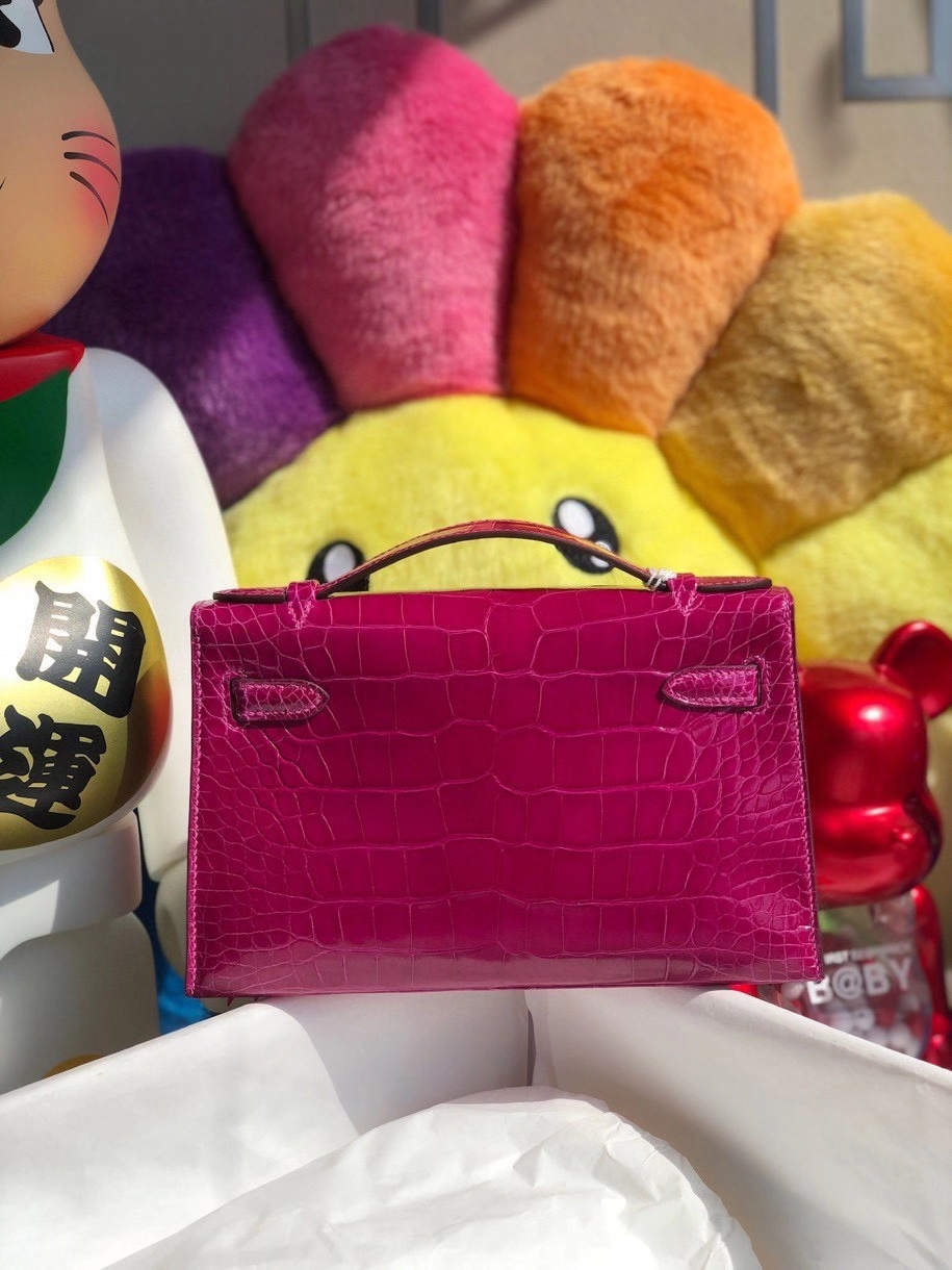 Hermès（爱马仕）Mini kelly pochette 22cm Alligator shiny 亮面鳄鱼 J5 天方夜谭粉紫 银扣 顶级手缝 晚宴包 现货