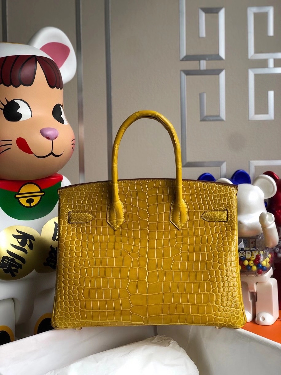 Hermès（爱马仕）Birkin 30cm Porosus shiny 亮面澳洲湾鳄9Ｄ 琥珀黄 Ambre 金扣 银扣 顶级手缝 现货