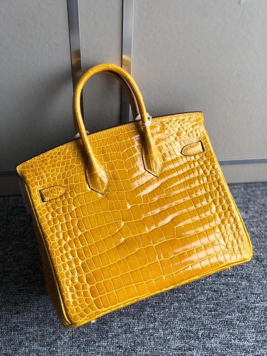 Hermès（爱马仕）Birkin 25cm Porosus shiny 亮面澳洲湾鳄 9Ｄ 琥珀黄 Ambre 金扣 顶级手缝 现货