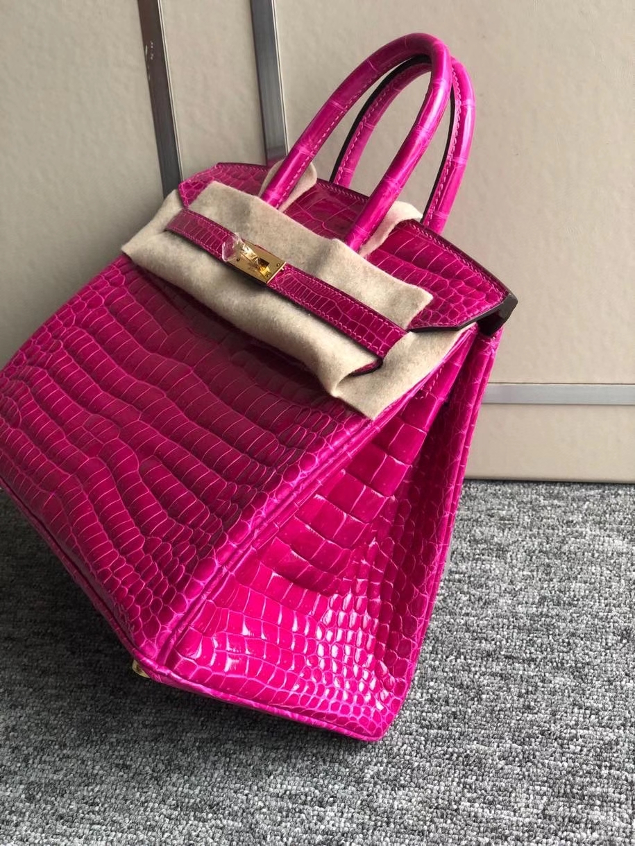 Hermès（爱马仕）Birkin 25cm Porosus shiny 亮面澳洲湾鳄 J5 天方夜谭粉紫  金扣 顶级手缝 现货