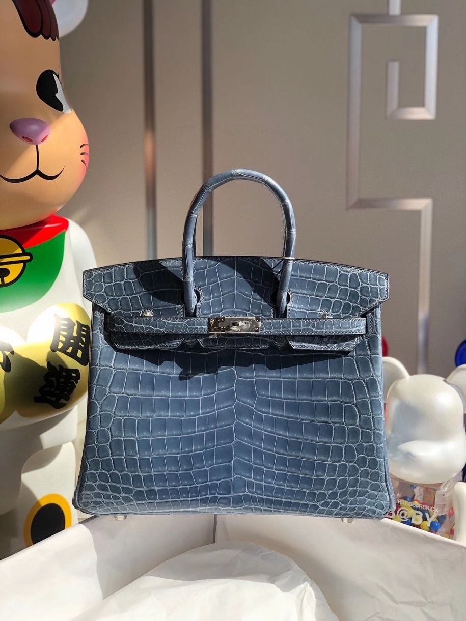 Hermès（爱马仕）Birkin 25cm Crocodile shiny 亮面鳄鱼 N7 风暴蓝 银扣 顶级手缝 品相完美 现货