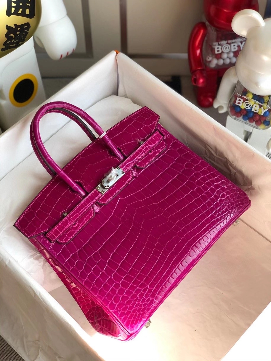 Hermès（爱马仕）Birkin 25cm Crocodile shiny 亮面鳄鱼 J5 天方夜谭粉紫 银扣 顶级手缝 现货