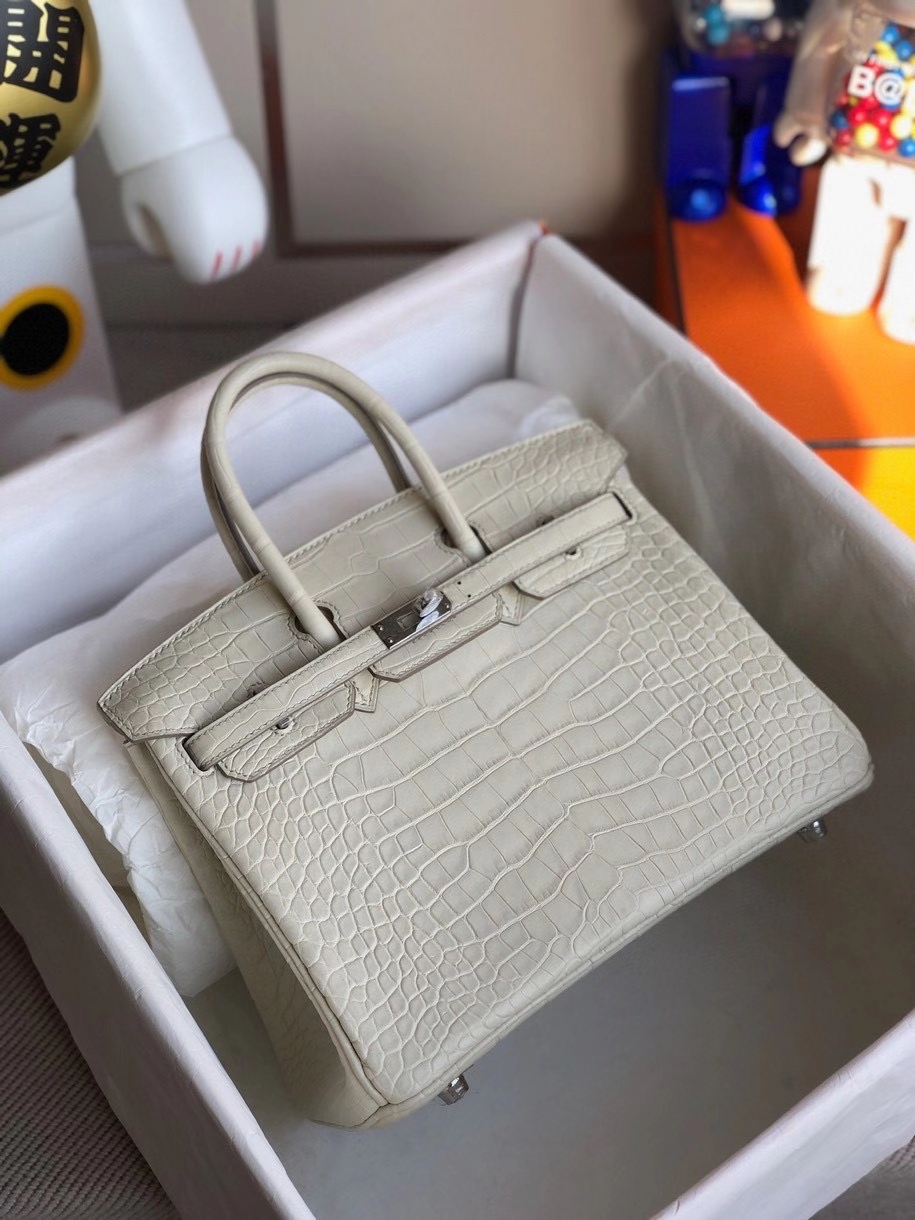 Hermès（爱马仕）Birkin 25cm Alligator matt雾面鳄鱼 8L 奶油白Beton 银扣 顶级手缝 现货